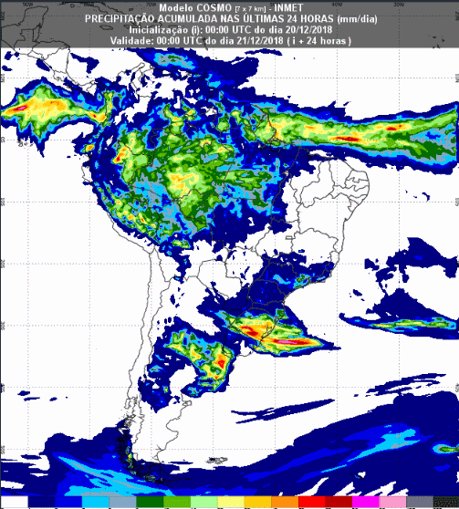 Mapa com a previsão de precipitação acumulada para até 174 horas (21/12 a 27/12) em todo o Brasil - Fonte: Inmet