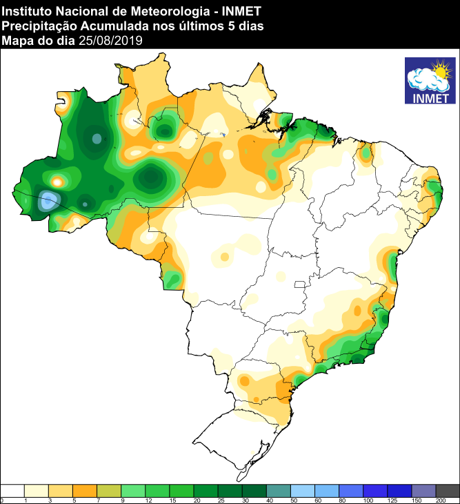 Mapa de precipitação acumulada dos últimos 5 dias em todo o Brasil - Fonte: Inmet