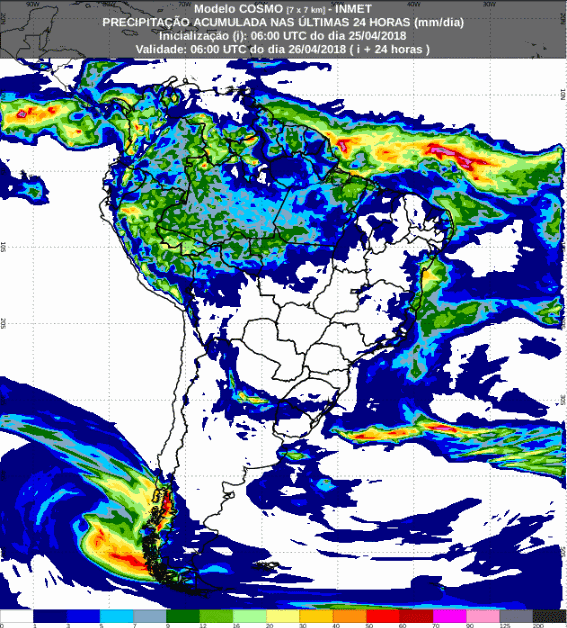 Mapa com a previsão de precipitação acumulada para até 72 horas (26/04 a 28/04) para todo o Brasil - Fonte: Inmet