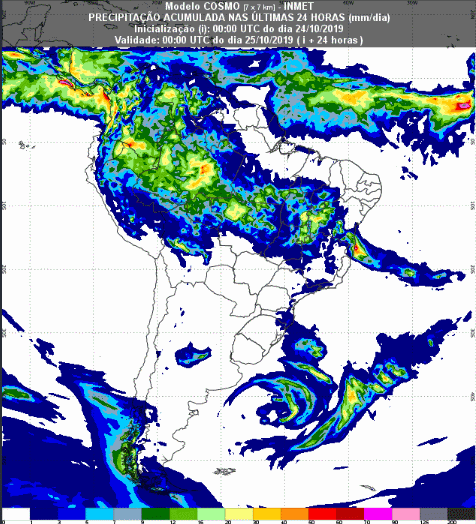 Mapa com a previsão de precipitação acumulada para até 93 horas (25/10 a 27/10) em todo o Brasil - Fonte: Inmet
