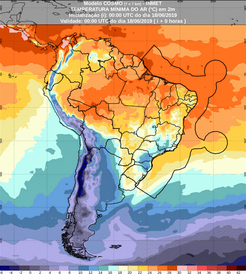 Mapa com a previsão de temperatura mínima para até 93 horas (18/06 a 21/06) em todo o Brasil - Fonte: Inmet