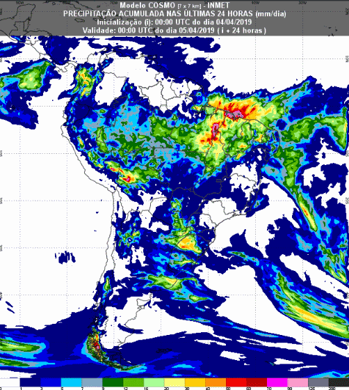 Mapa com a previsão de precipitação acumulada para até 72 horas (05/04 a 07/04) em todo o Brasil - Fonte: Inmet