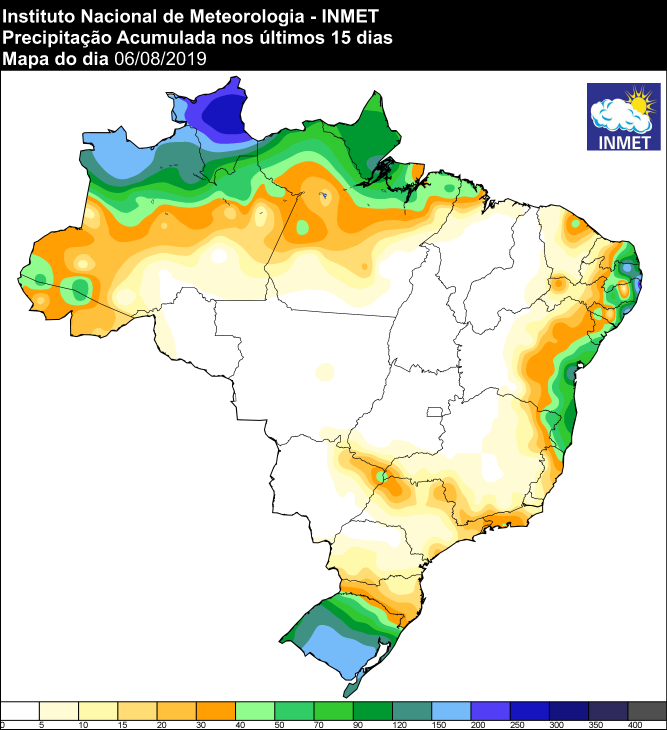 Mapa de precipitação acumulada dos últimos 15 dias em todo o Brasil - Fonte: Inmet