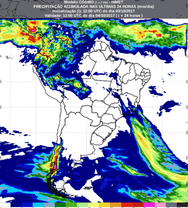 Satélite com previsão de precipitação acumulada para até 174 horas (04/10 a 09/10) em todo o Brasil