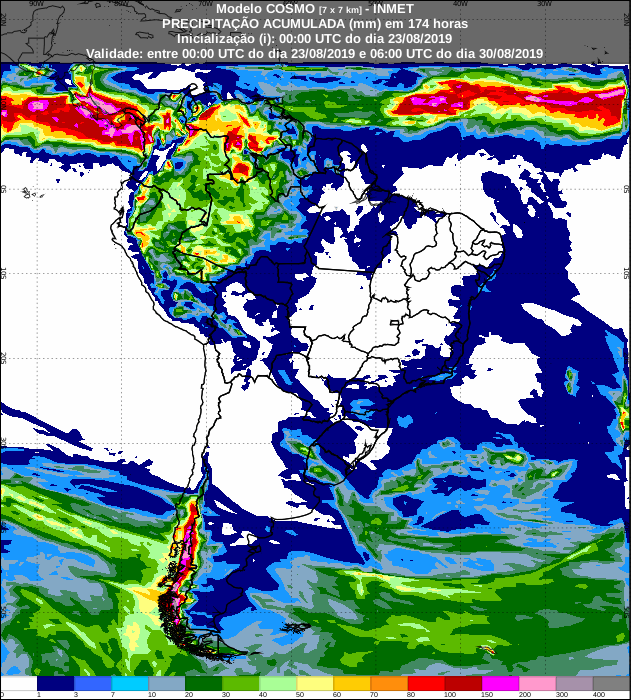 Mapa de precipitação acumulada para os próximos 7 dias em todo o Brasil - Fonte: Inmet