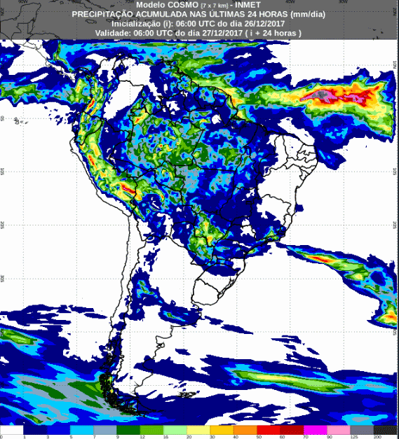 Mapa com a previsão de precipitação acumulada para até 72 horas (27/12 a 29/12) para todo o Brasil - Fonte: Inmet