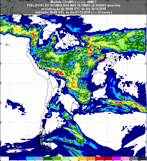 Mapa com a previsão de precipitação acumulada para até 72 horas (01/12 a 03/12) em todo o Brasil - Fonte: Inmet