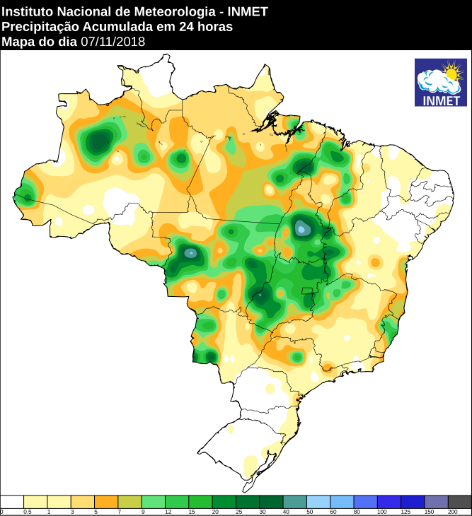 Mapa com precipitação acumulada nas últimas 24 horas em todo o Brasil - Fonte: Inmet