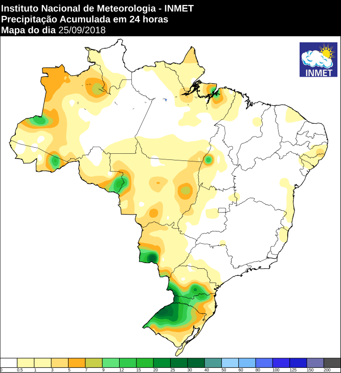 Mapa com a precipitação acumulada nas últimas 24 horas em todo o Brasil - Fonte: Inmet