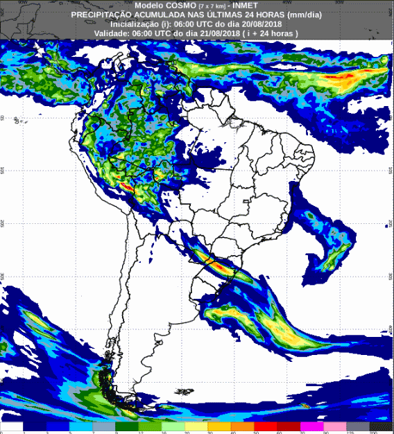 Mapa com a previsão de precipitação acumulada para até 72 horas (21/08 a 23/08) em todo o Brasil - Fonte: Inmet