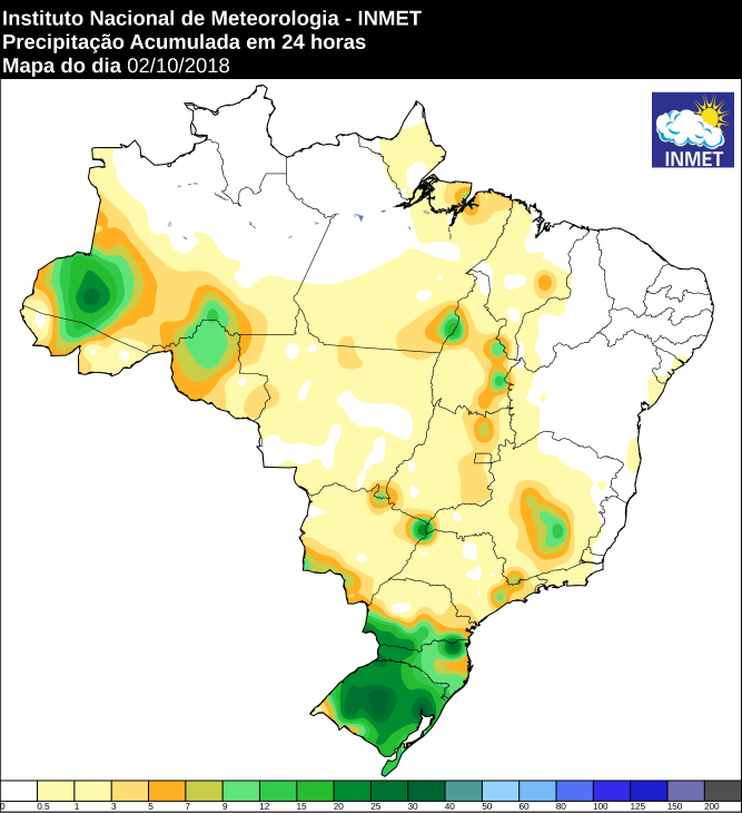 Mapa das áreas com precipitação acumulada nas últimas 24 horas - Fonte: Inmet