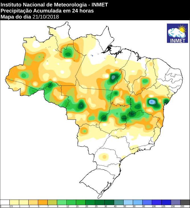 Mapa das áreas com a precipitação acumulada nas últimas 24 horas em todo o Brasil - Fonte: Inmet