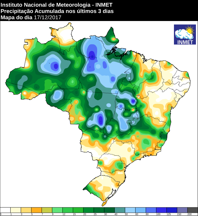 Mapa de precipitação acumulado dos últimos três dias em todo o Brasil - Fonte: Inmet