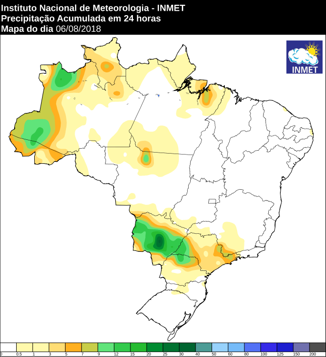 Mapa das áreas com precipitação acumulada nas últimas 24 horas em todo o Brasil - Fonte: Inmet