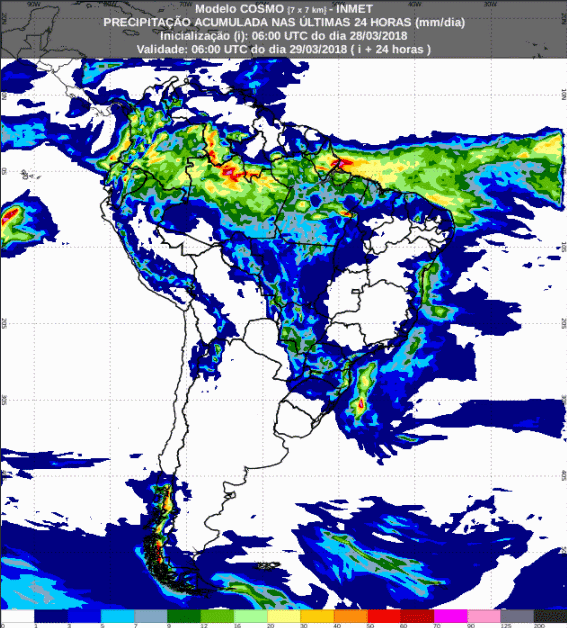 Mapa com a previsão de precipitação acumulada para até 72 horas 29/03 a 31/03) para todo o Brasil - Fonte: Inmet