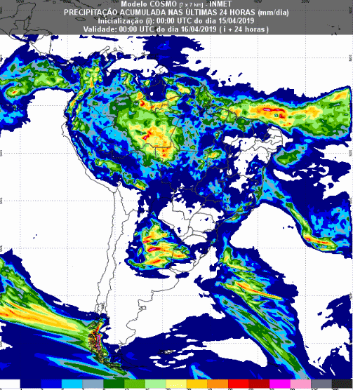 Mapa com a previsão de precipitação acumulada para até 72 horas (16/04 a 18/04) em todo o Brasil - Fonte: Inmet