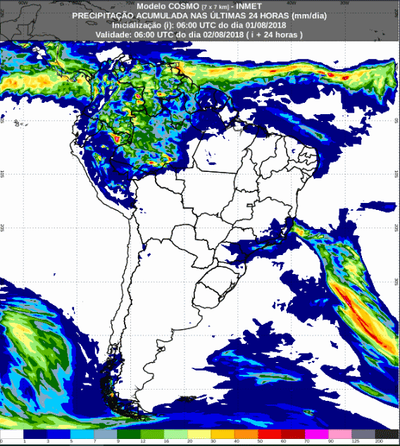 Mapa com a previsão de precipitação acumulada para até 72 horas (02/08 a 04/08) em todo o Brasil - Fonte: Inmet