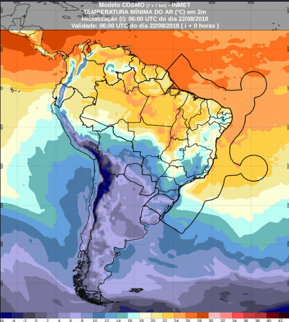 Mapa com a previsão de temperaturas mínimas para até 72 horas (23/08 a 25/08) em todo o Brasil - Fonte: Inmet