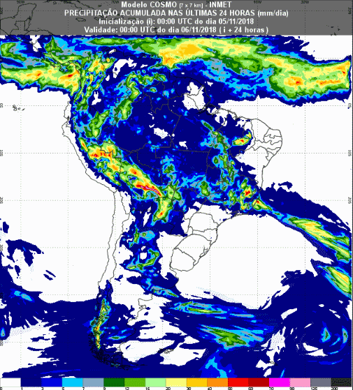 Mapa com a previsão de precipitação acumulada para até 72 horas (06/11 a 08/11) em todo o Brasil - Fonte: Inmet