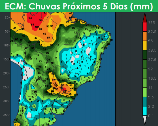 Mapa com a previsão de chuvas para os próximos 5 dias em todo o Brasil - Fonte: AgResource