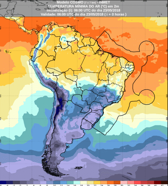 Mapa com a previsão de temperatura mínima para até 72 horas (23/05 a 26/05) para todo o Brasil - Fonte: Inmet