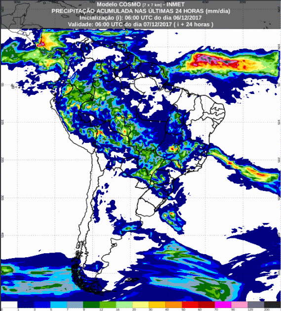 Mapa com a previsão de precipitação acumulada para até 72 horas (07/12 a 09/12) para todo o Brasil - Fonte: Inmet