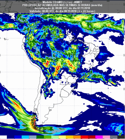Mapa com a previsão de precipitação acumulada para até 72 horas (08/11 a 10/11) em todo o Brasil - Fonte: Inmet