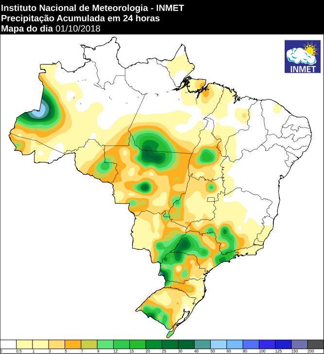 Mapa das áreas com precipitação acumulada nas últimas 24 horas - Fonte: Inmet