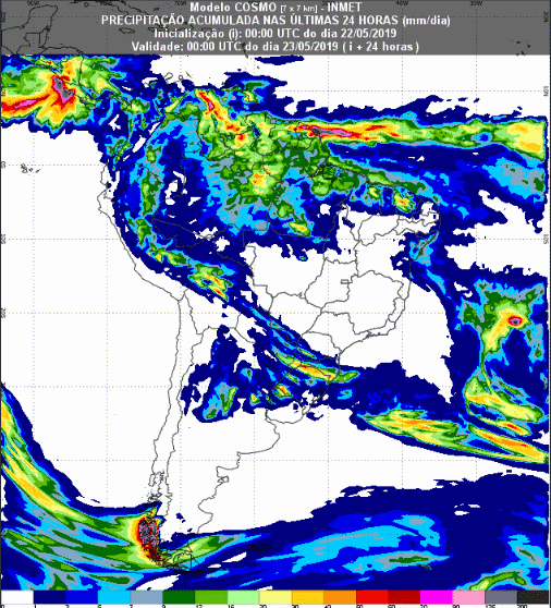Mapa com a previsão de precipitação para até 93 horas (23/05 a 25/05) em todo o Brasil - Fonte: Inmet