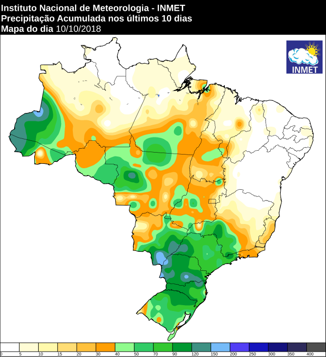 Mapa das áreas com a precipitação acumulada nos últimos 10 dias em todo o Brasil - Fonte: Inmet