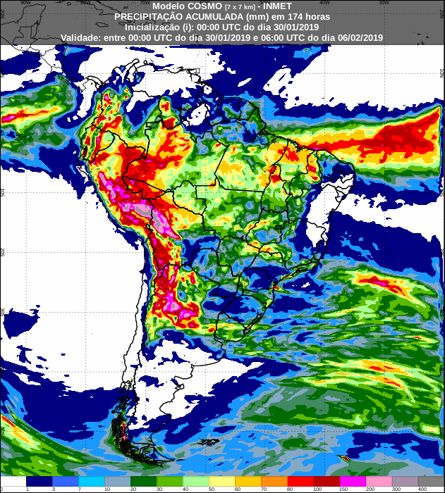 Mapa de previsão de precipitação acumulada do modelo Cosmo para os próximos 7 dias em todo o Brasil - Fonte: Inmet