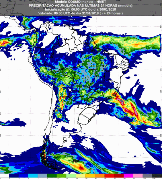 Mapa com a previsão de precipitação acumulada para até 72 horas (31/01 a 02/02) para todo o Brasil - Fonte: Inmet