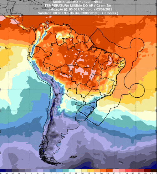Mapa com a previsão de temperatura mínima para até 93 horas (03/09 a 06/09) em todo o Brasil - Fonte: Inmet
