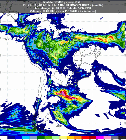 Mapa com a previsão de precipitação acumulada para até 174 horas (14/12 a 20/12) em todo o Brasil - Fonte: Inmet