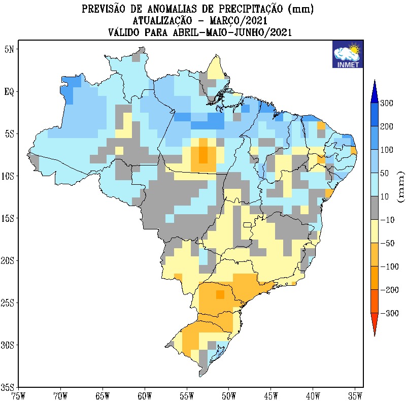 mapa de previsão de anomalias de precipitação em todo o Brasil - abril, maio e junho - Fonte: Inmet