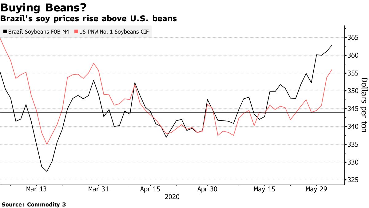 Preços de soja BR x EUA - Bloomberg
