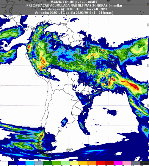 Mapa com a previsão de precipitação acumulada para até 72 horas (23/03 a 25/03) em todo o Brasil - Fonte: Inmet