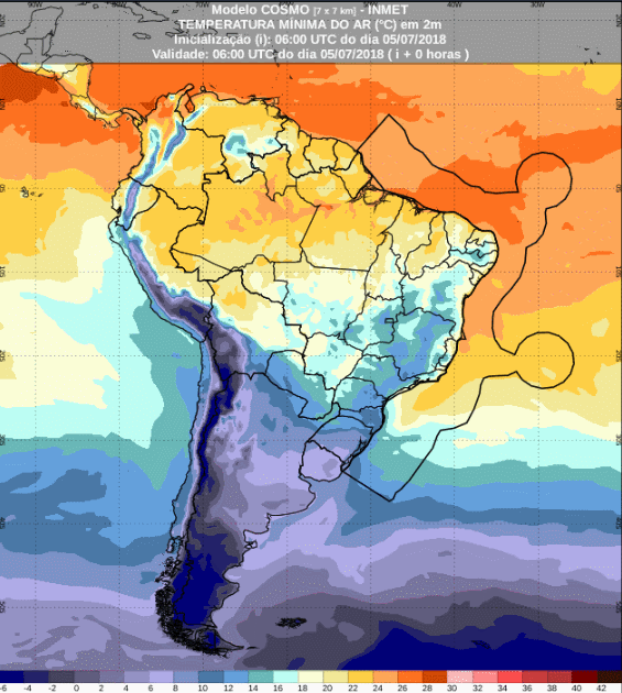 Mapa com a previsão de temperatura mínima para até 72 horas (05/07 a 08/07) em todo o Brasil - Fonte: Inmet