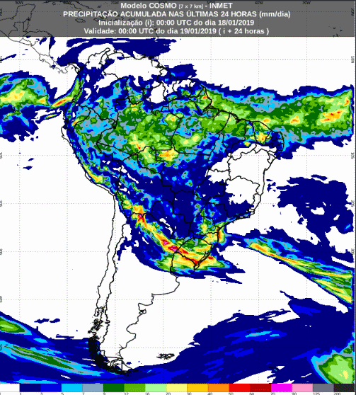 Mapa com a previsão de precipitação acumulada para até 174 horas (19/01 a 25/01) em todo o Brasil - Fonte: Inmet