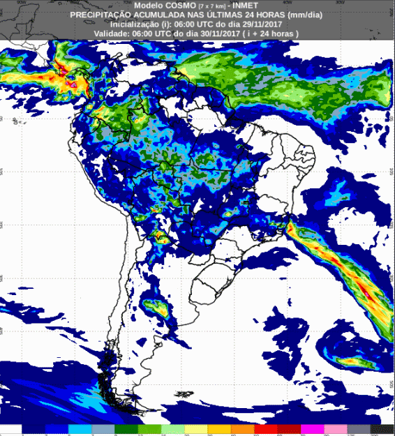 Mapa com a previsão de precipitação acumulada para até 72 horas (30/11 a 02/12) para todo o Brasil - Fonte: Inmet