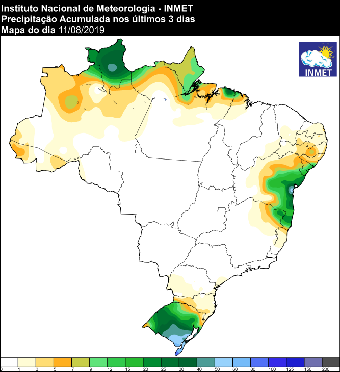 Mapa de precipitação acumulada em todo o Brasil nos últimos 3 dias - Fonte: Inmet