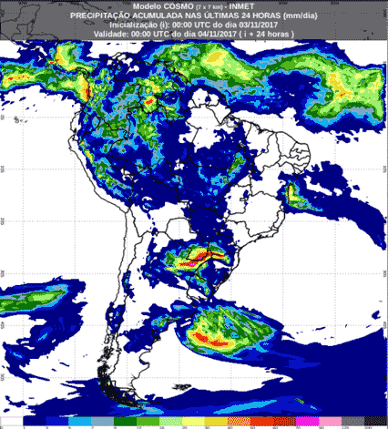 Mapa com a previsão de precipitação acumulada para até 168 horas (04/11 a 10/11) para todo o Brasil  - Fonte: Inmet
