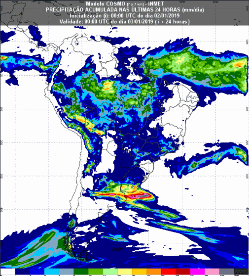 Mapa com a previsão de precipitação acumulada para até 174 horas (03/01 a 09/01) em todo o Brasil - Fonte: Inmet