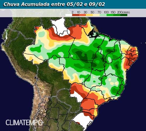 Chuva acumulada para todo o Brasil entre 05/02 e 09/02 - Fonte: Climatempo