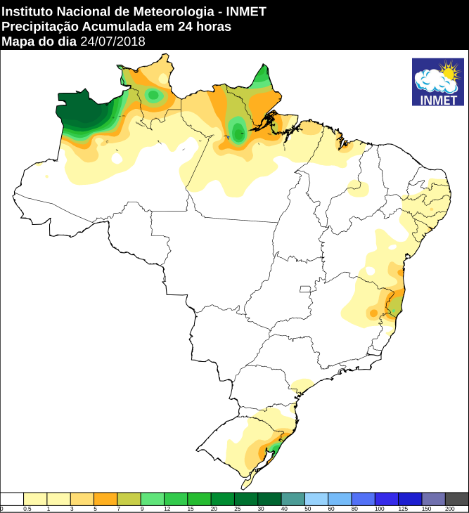 Mapa das áreas com precipitação acumulada nas últimas 24 horas em todo o Brasil - Fonte: Inmet