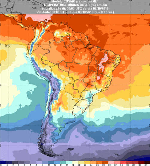 Mapa com a previsão de temperatura mínima para até 93 horas (08/10 a 11/10) em todo o Brasil - Fonte: Inmet