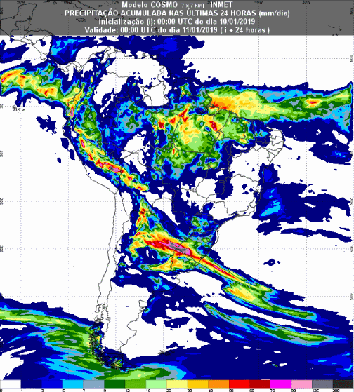 Mapa com a previsão de precipitação acumulada para até 174 horas (11/01 a 17/01) em todo o Brasil - Fonte: Inmet