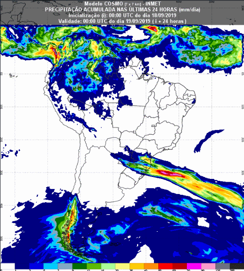 Mapa com a previsão de precipitação acumulada para até 93 horas (19/09 a 21/09) em todo o Brasil - Fonte: Inmet