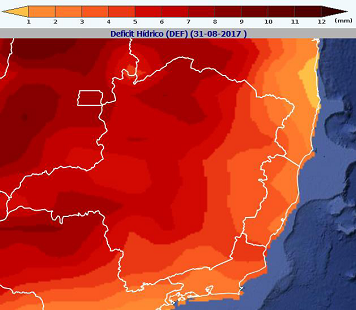 Figura 2 - Condição de déficit hídrico no dia 31 de agosto de 2017. Fonte: SISDAGRO – www.inmet.gov.br
