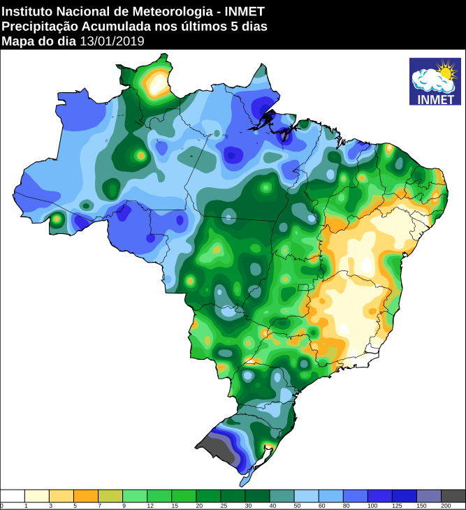 Mapa de precipitação acumulada nos últimos cinco dias em todo o Brasil - Fonte: Inmet